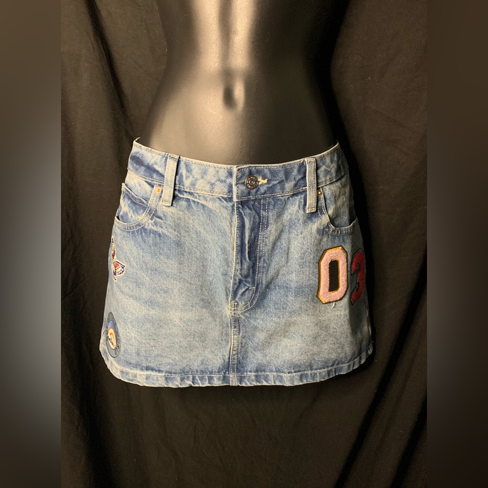 Denim Blue Jean Skirt with patches